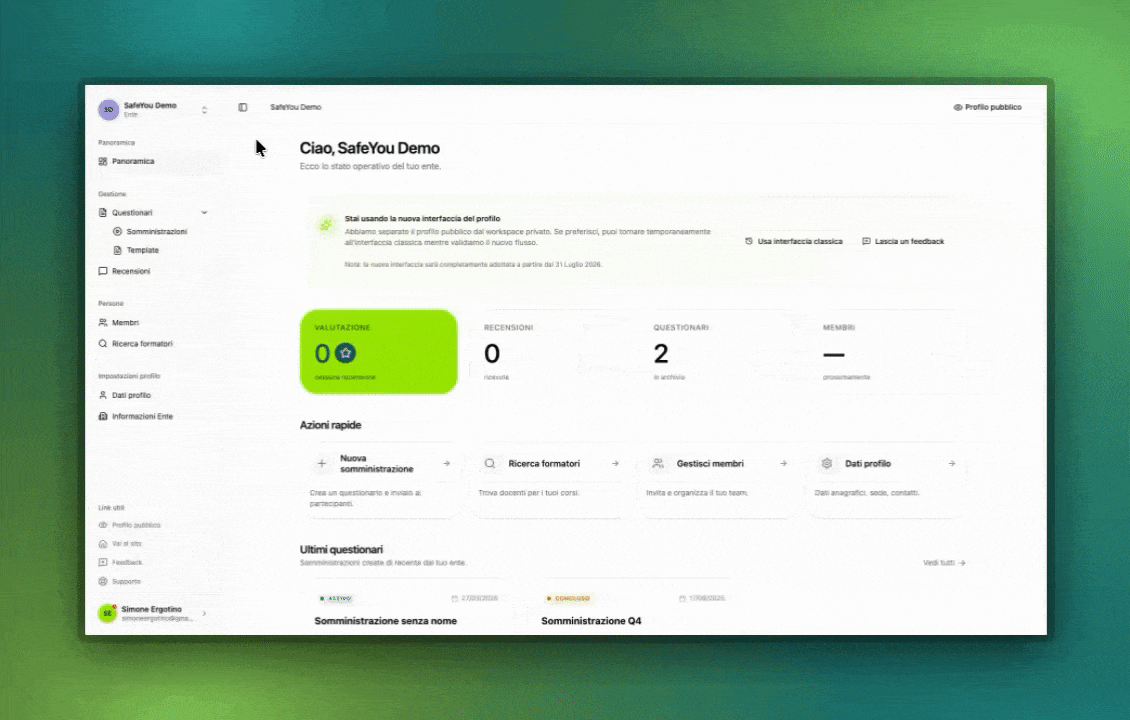 Workspace privato con sidebar e selettore profilo